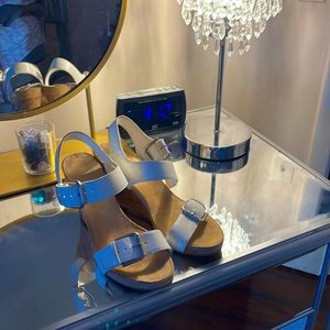 White leather cork wedges